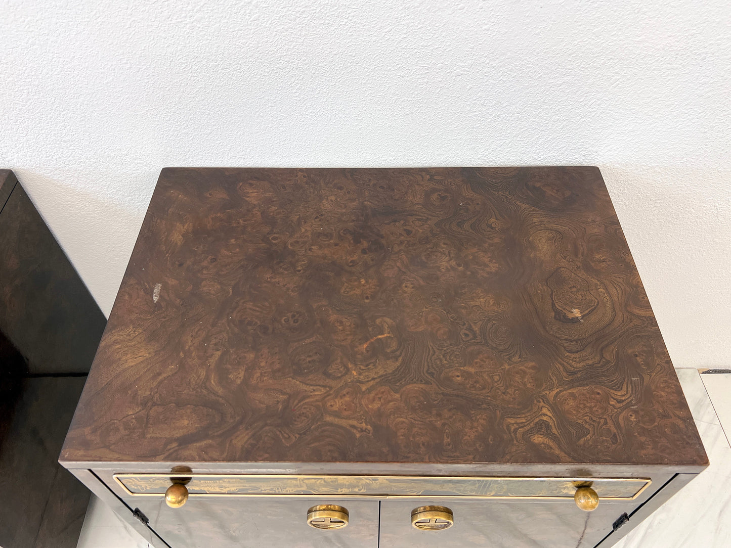 Bernhard Rohne Mastercraft Burl and Acid Etched Brass Nightstands, 1970's