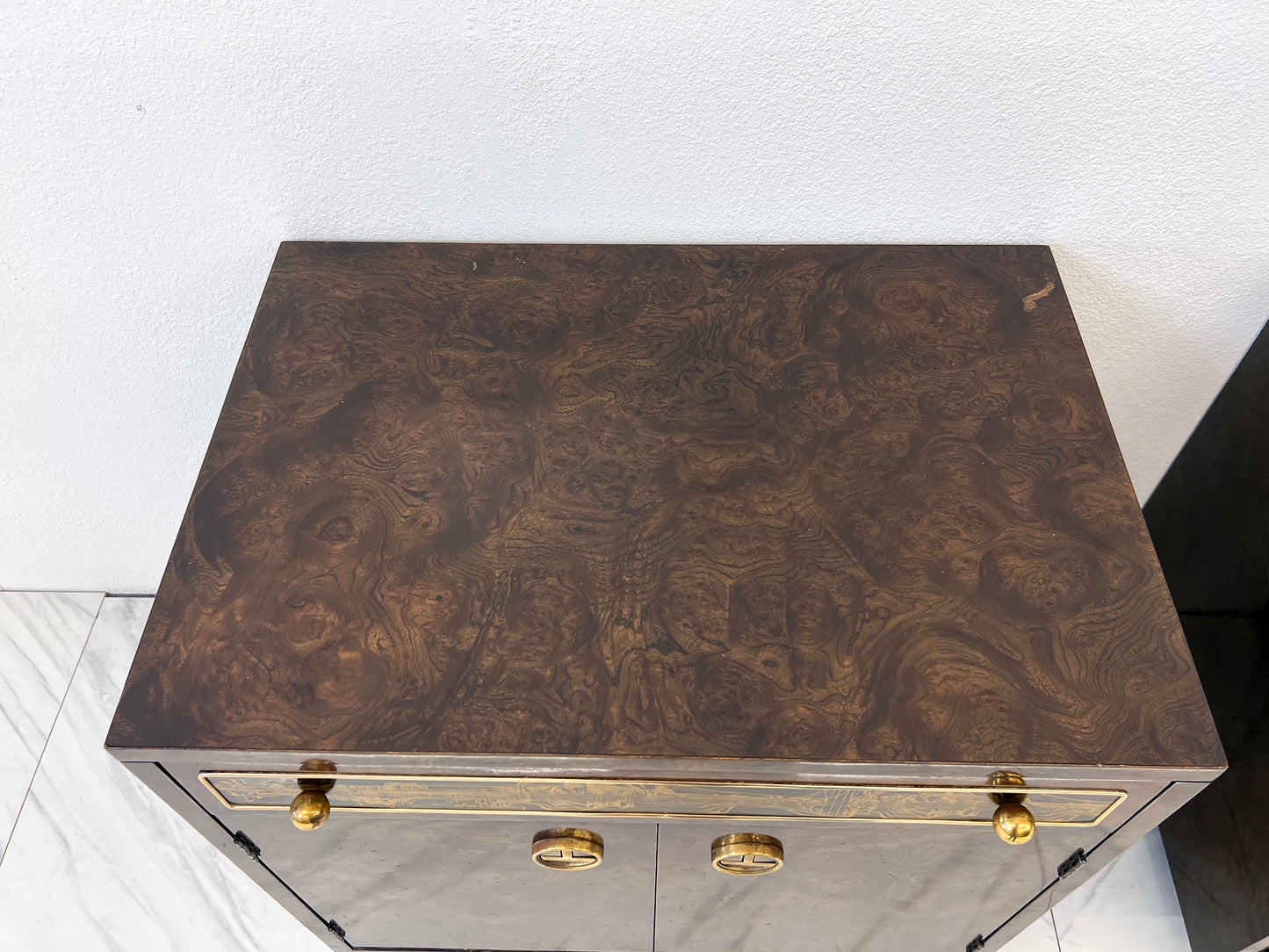 Bernhard Rohne Mastercraft Burl and Acid Etched Brass Nightstands, 1970's