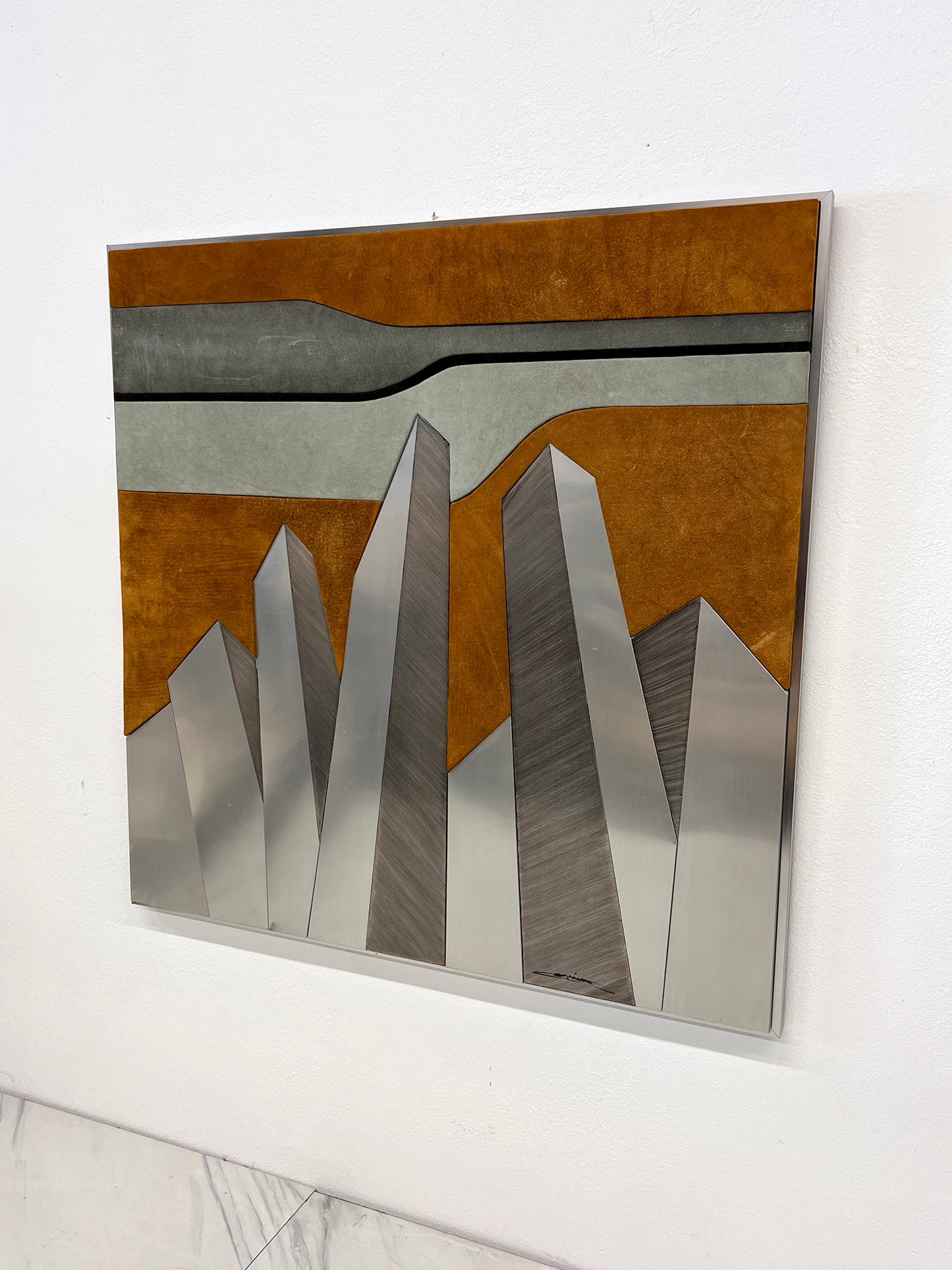 Mid Century Modern Mixed Media Large Scale Cityscape Artwork in Suede and Steel