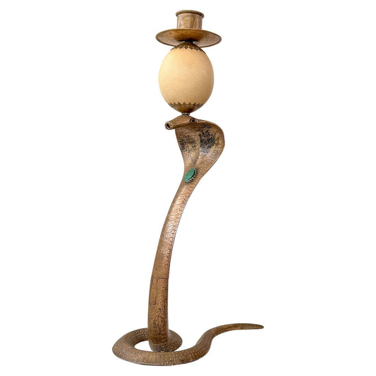 Anthony Redmile Brass Cobra, Ostrich Egg Crown, Malachite Inset, Candelabra