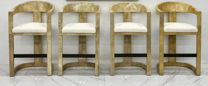 Karl Springer Onassis Bar Stools, A Set of 4, Goatskin, Boucle & Bronze, C. 1980