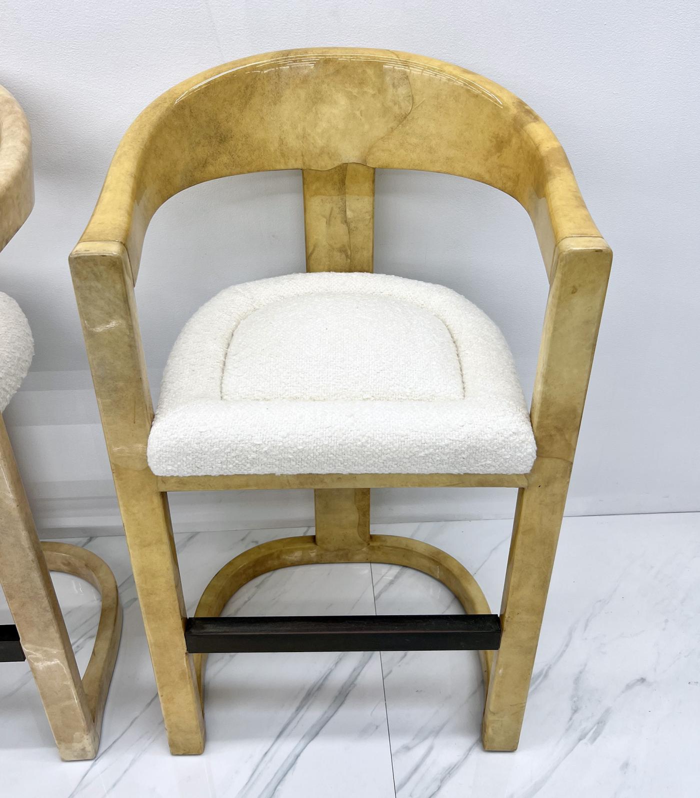 Karl Springer Onassis Bar Stools, A Set of 4, Goatskin, Boucle & Bronze, C. 1980