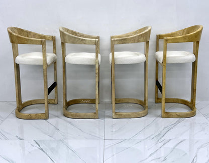Karl Springer Onassis Bar Stools, A Set of 4, Goatskin, Boucle & Bronze, C. 1980