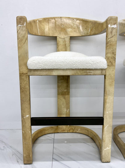 Karl Springer Onassis Bar Stools, A Set of 4, Goatskin, Boucle & Bronze, C. 1980