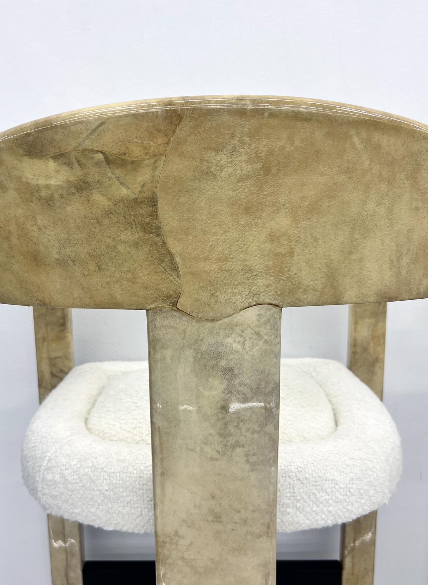 Karl Springer Onassis Bar Stools, A Set of 4, Goatskin, Boucle & Bronze, C. 1980