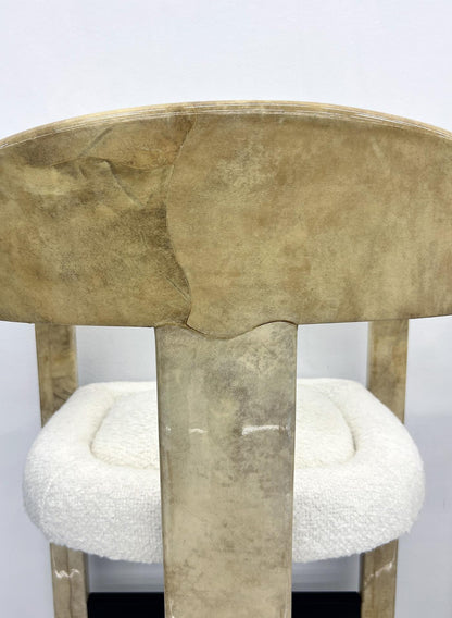 Karl Springer Onassis Bar Stools, A Set of 4, Goatskin, Boucle & Bronze, C. 1980