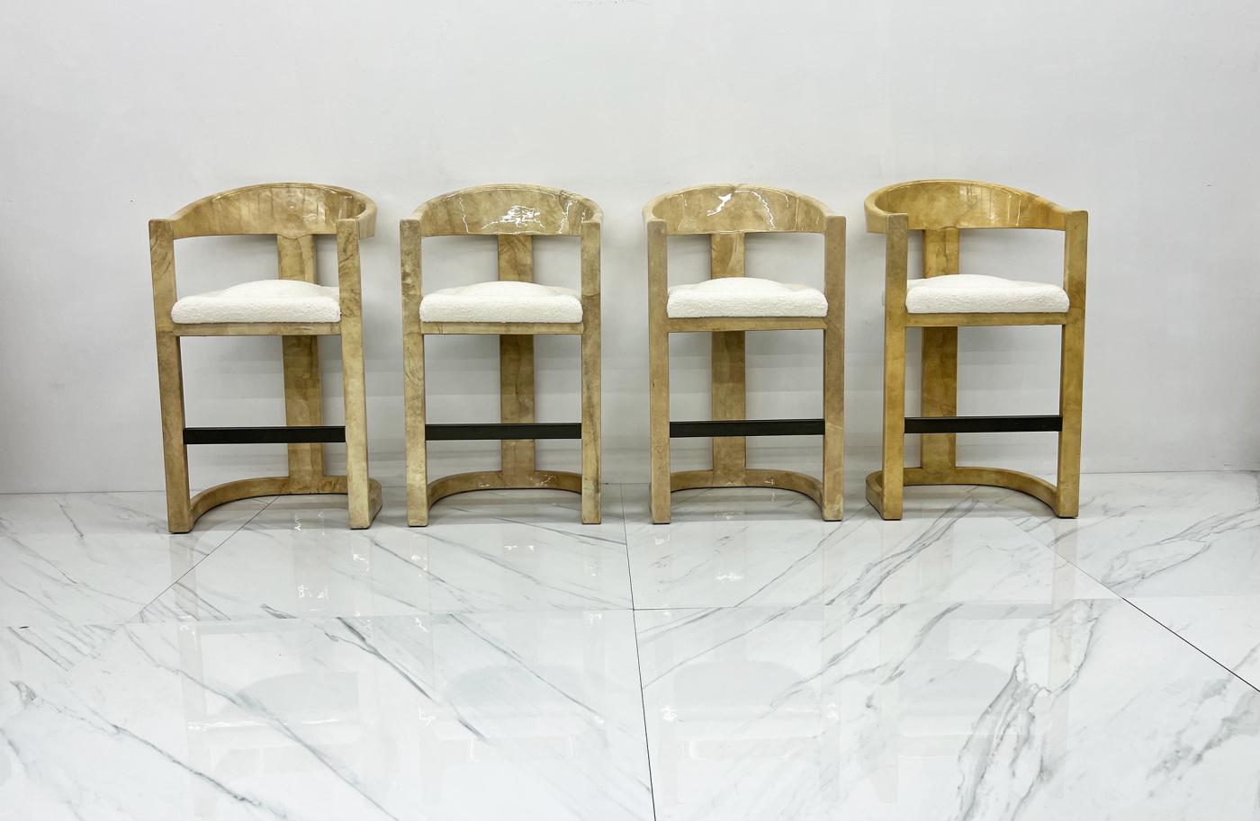 Karl Springer Onassis Bar Stools, A Set of 4, Goatskin, Boucle & Bronze, C. 1980