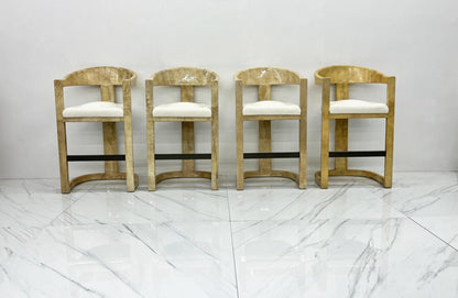 Karl Springer Onassis Bar Stools, A Set of 4, Goatskin, Boucle & Bronze, C. 1980