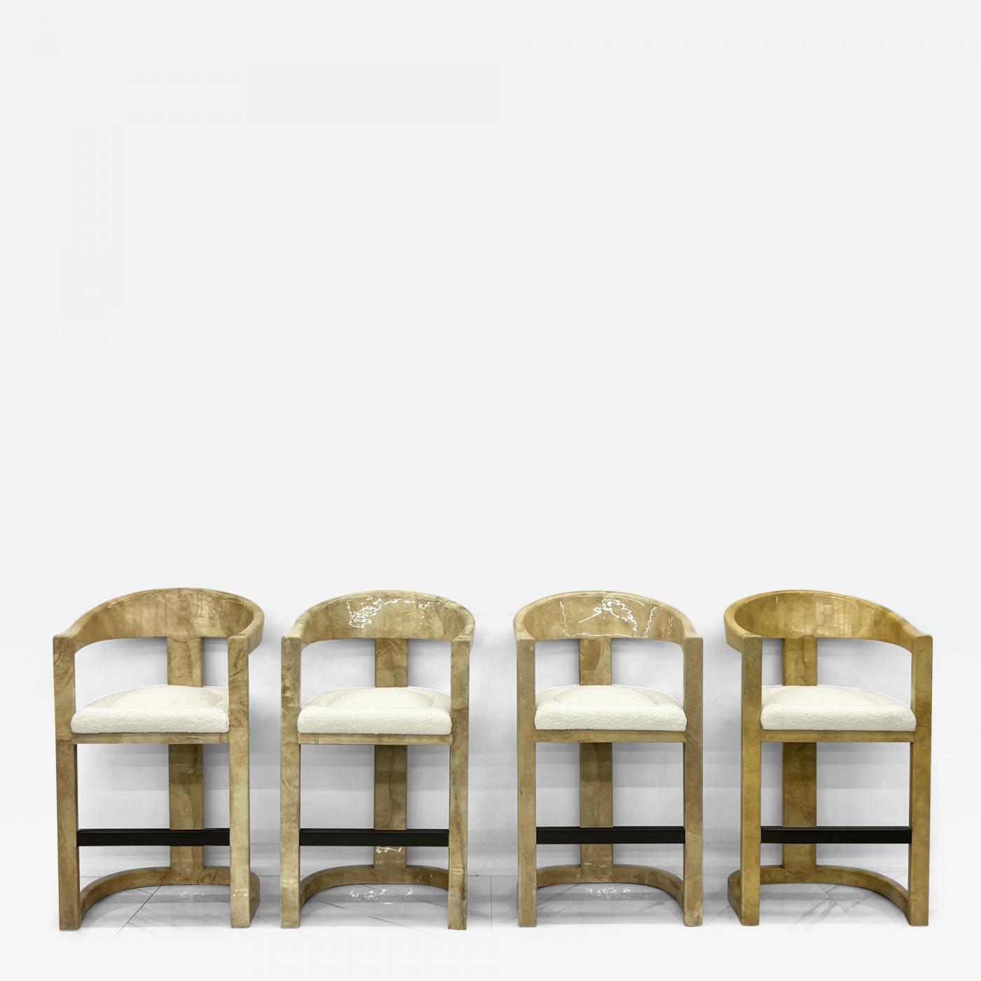 Karl Springer Onassis Bar Stools, A Set of 4, Goatskin, Boucle & Bronze, C. 1980