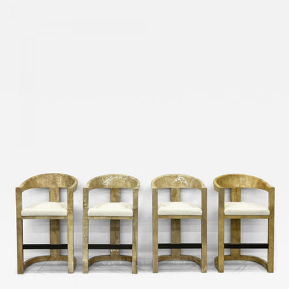 Karl Springer Onassis Bar Stools, A Set of 4, Goatskin, Boucle & Bronze, C. 1980