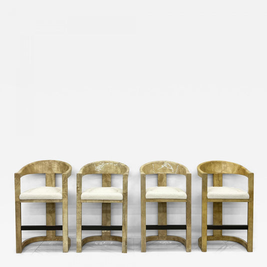 Karl Springer Onassis Bar Stools, A Set of 4, Goatskin, Boucle & Bronze, C. 1980
