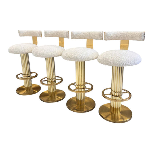 Designs For Leisure set of 4 Brass Barstools, Ivory Boucle, Signed, 1987