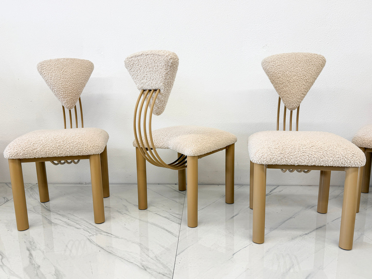 Set of 8 Post Modern Dining Chairs, Powder Coated Tan and Ivory Boucle, 1980's