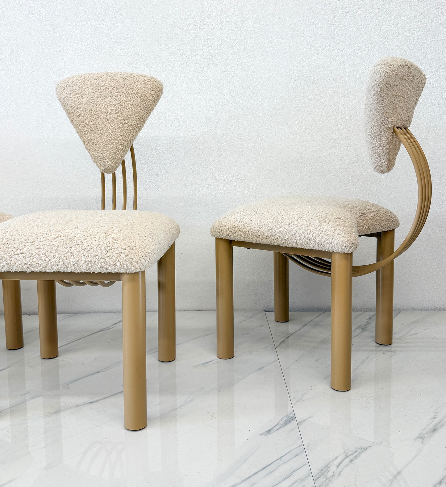 Set of 8 Post Modern Dining Chairs, Powder Coated Tan and Ivory Boucle, 1980's