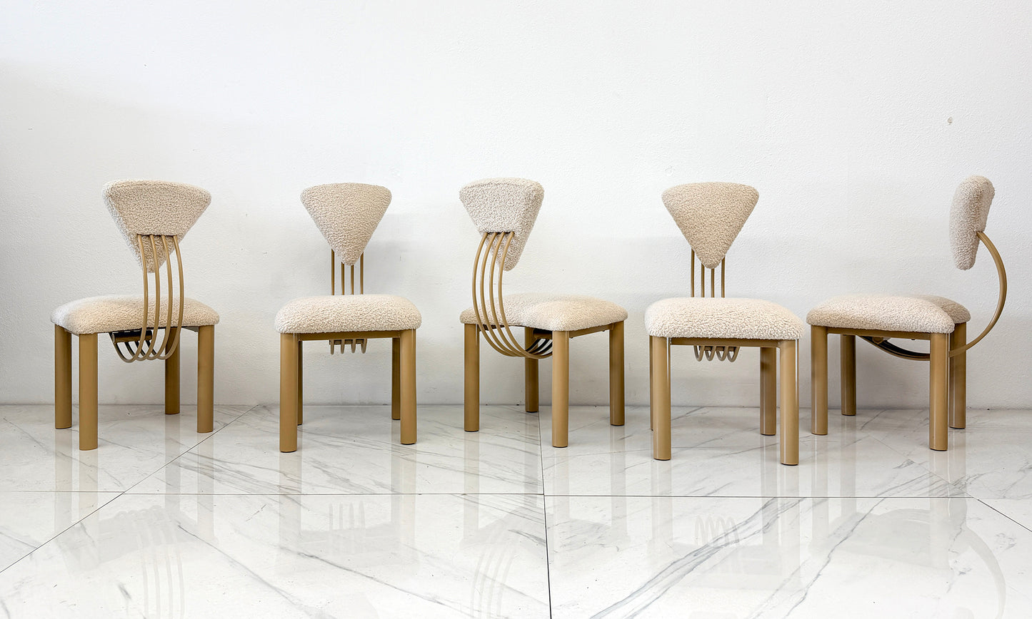 Set of 8 Post Modern Dining Chairs, Powder Coated Tan and Ivory Boucle, 1980's