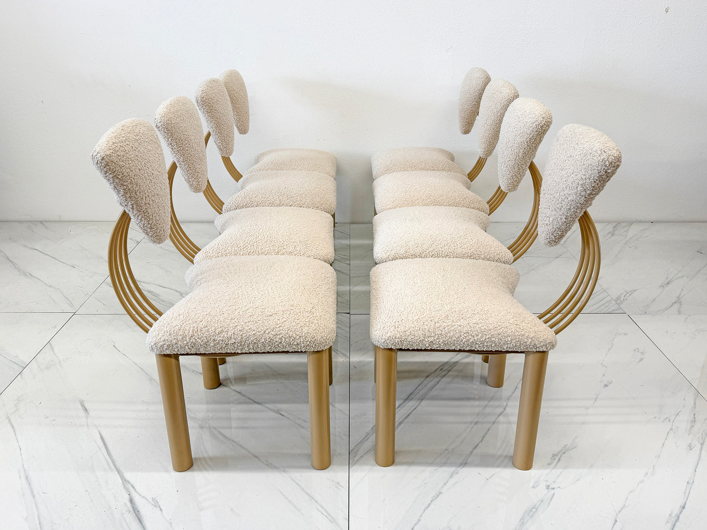 Set of 8 Post Modern Dining Chairs, Powder Coated Tan and Ivory Boucle, 1980's