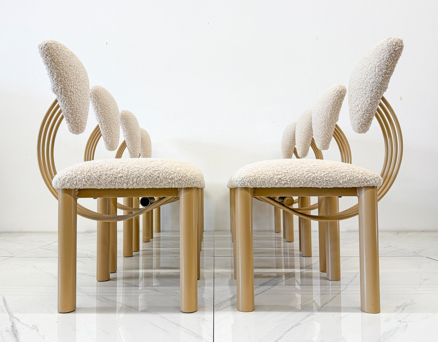 Set of 8 Post Modern Dining Chairs, Powder Coated Tan and Ivory Boucle, 1980's