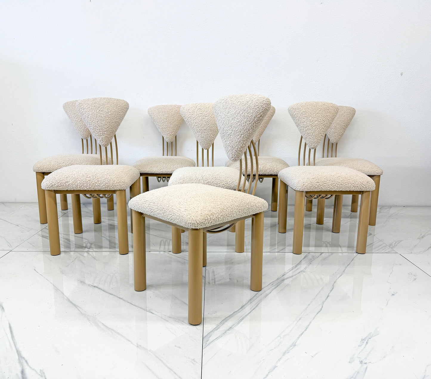 Set of 8 Post Modern Dining Chairs, Powder Coated Tan and Ivory Boucle, 1980's