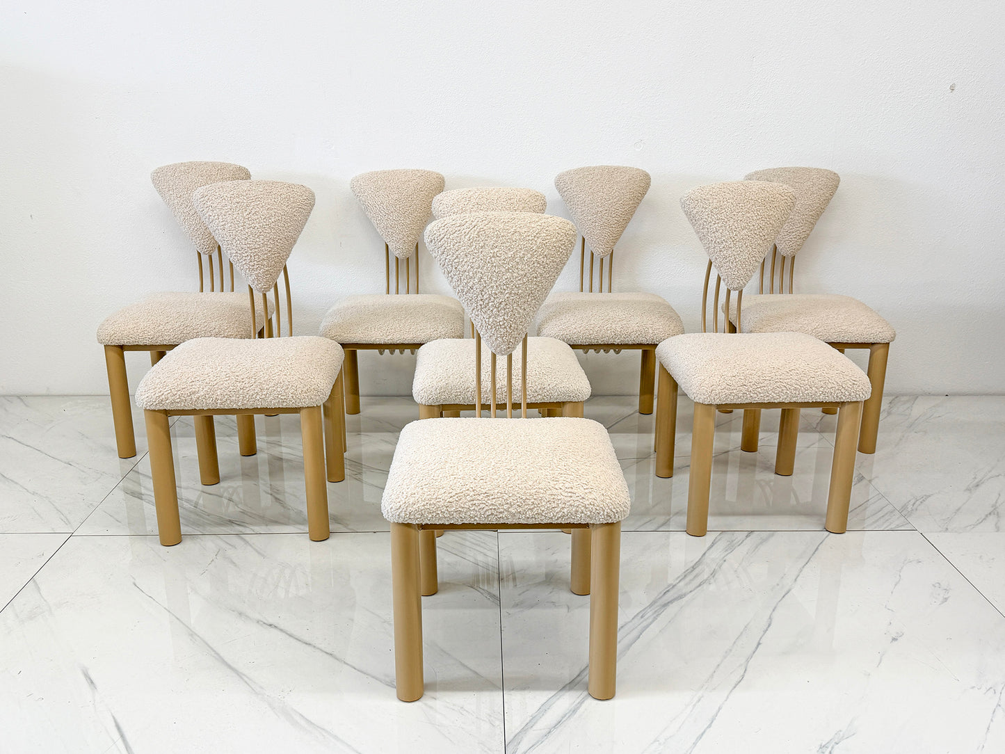 Set of 8 Post Modern Dining Chairs, Powder Coated Tan and Ivory Boucle, 1980's