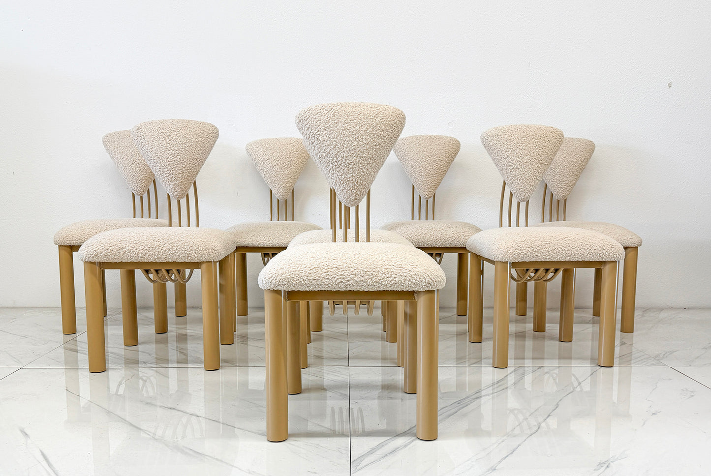 Set of 8 Post Modern Dining Chairs, Powder Coated Tan and Ivory Boucle, 1980's