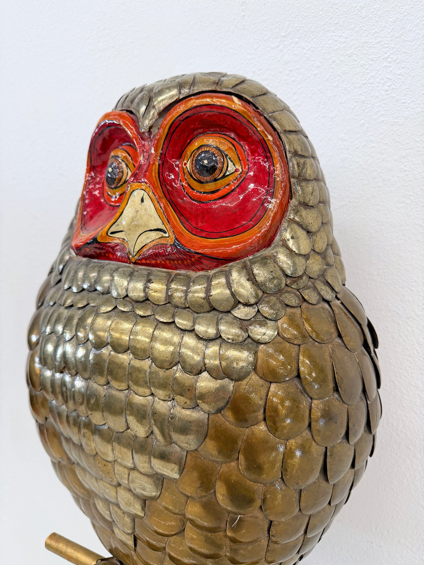 Brass and Hand Painted Paper Mache Owl Sculpture, Sergio Bustamante, 1970's