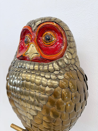 Brass and Hand Painted Paper Mache Owl Sculpture, Sergio Bustamante, 1970's