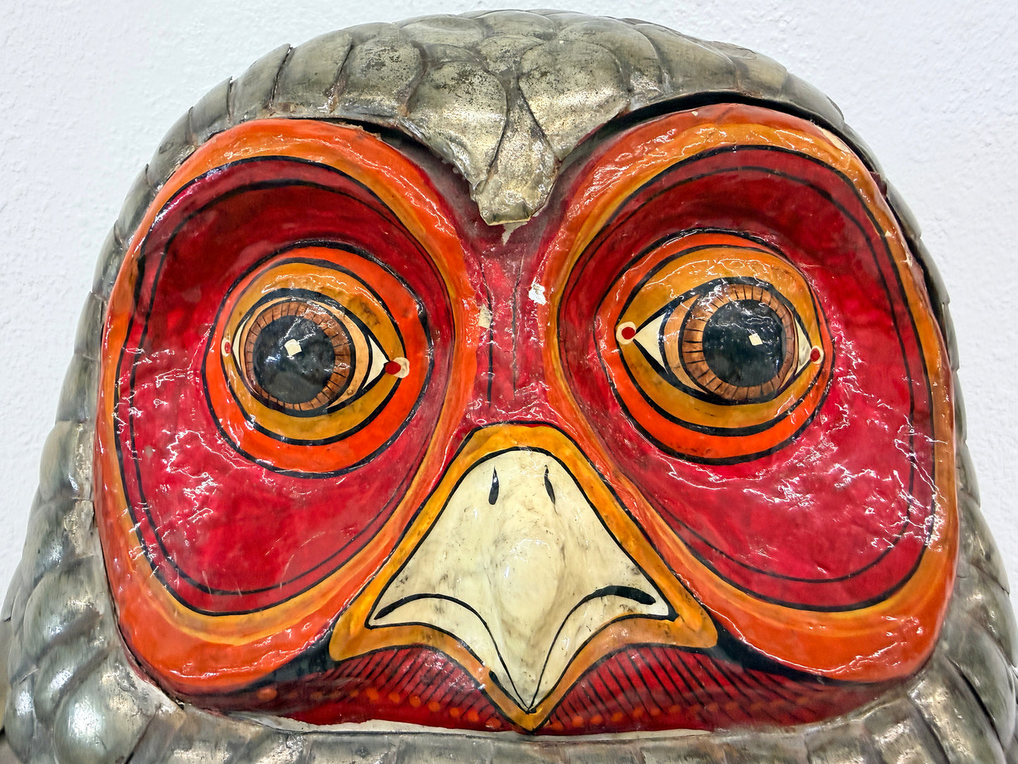 Brass and Hand Painted Paper Mache Owl Sculpture, Sergio Bustamante, 1970's