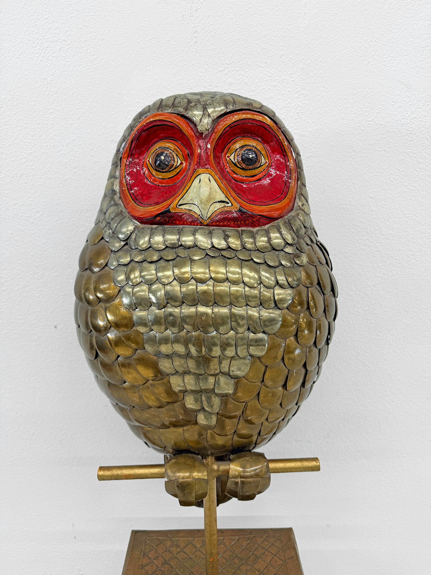 Brass and Hand Painted Paper Mache Owl Sculpture, Sergio Bustamante, 1970's