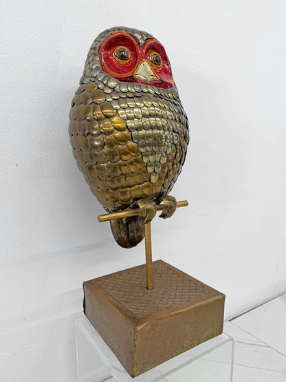 Brass and Hand Painted Paper Mache Owl Sculpture, Sergio Bustamante, 1970's