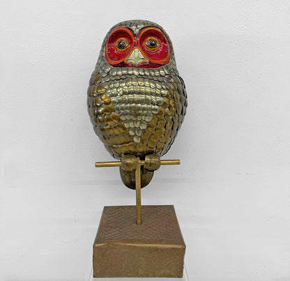 Brass and Hand Painted Paper Mache Owl Sculpture, Sergio Bustamante, 1970's