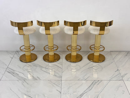 Designs For Leisure set of 4 Brass Barstools, Ivory Boucle, Signed, 1987