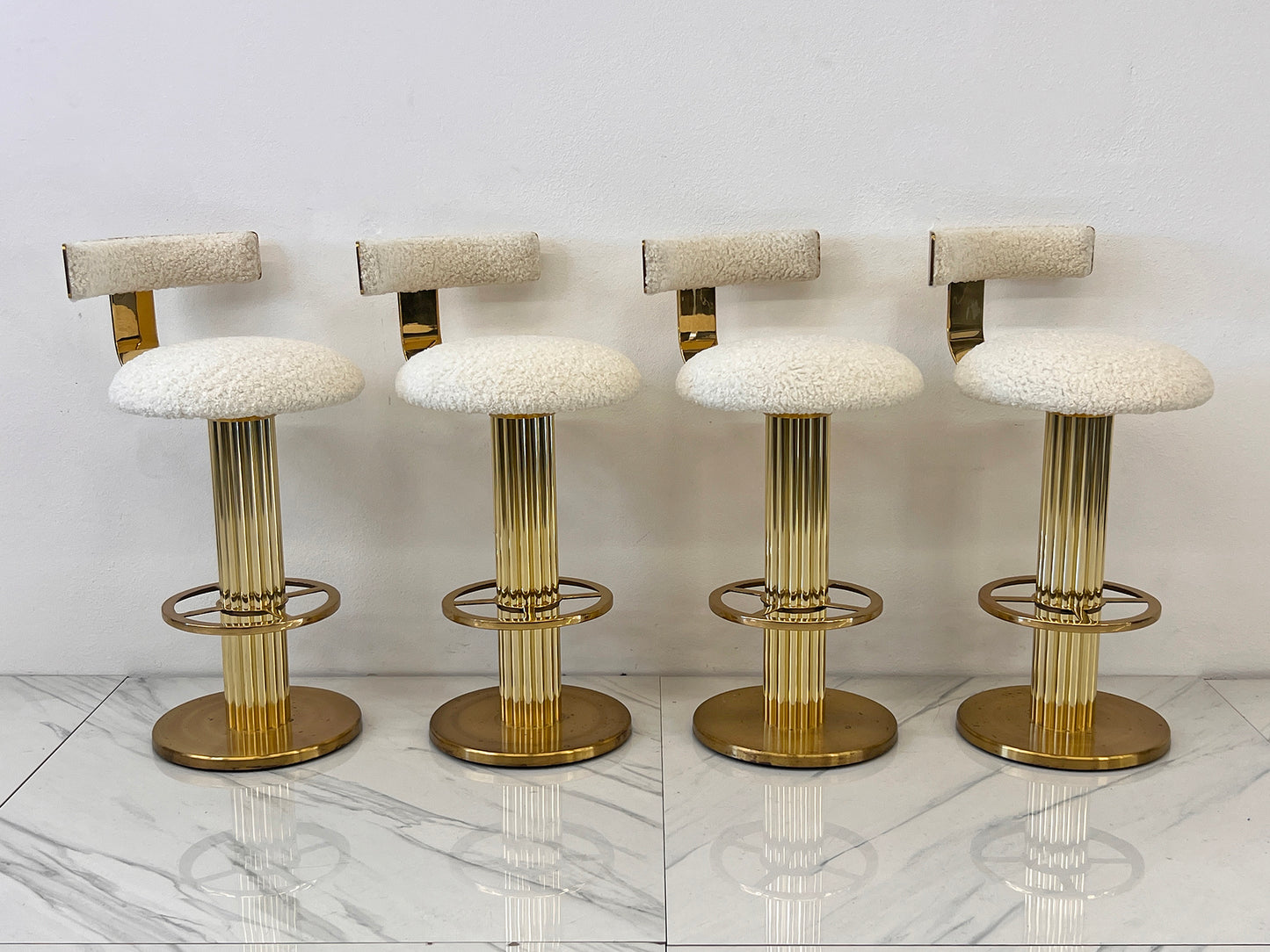 Designs For Leisure set of 4 Brass Barstools, Ivory Boucle, Signed, 1987
