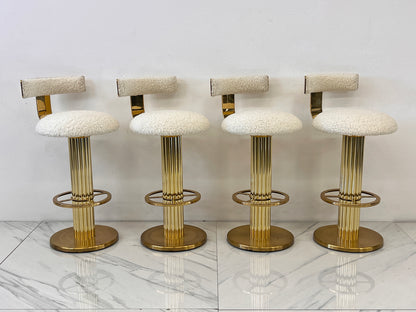 Designs For Leisure set of 4 Brass Barstools, Ivory Boucle, Signed, 1987