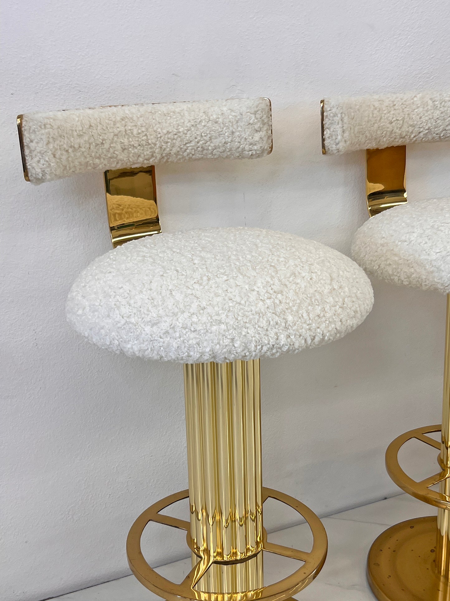 Designs For Leisure set of 4 Brass Barstools, Ivory Boucle, Signed, 1987