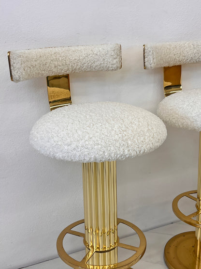 Designs For Leisure set of 4 Brass Barstools, Ivory Boucle, Signed, 1987