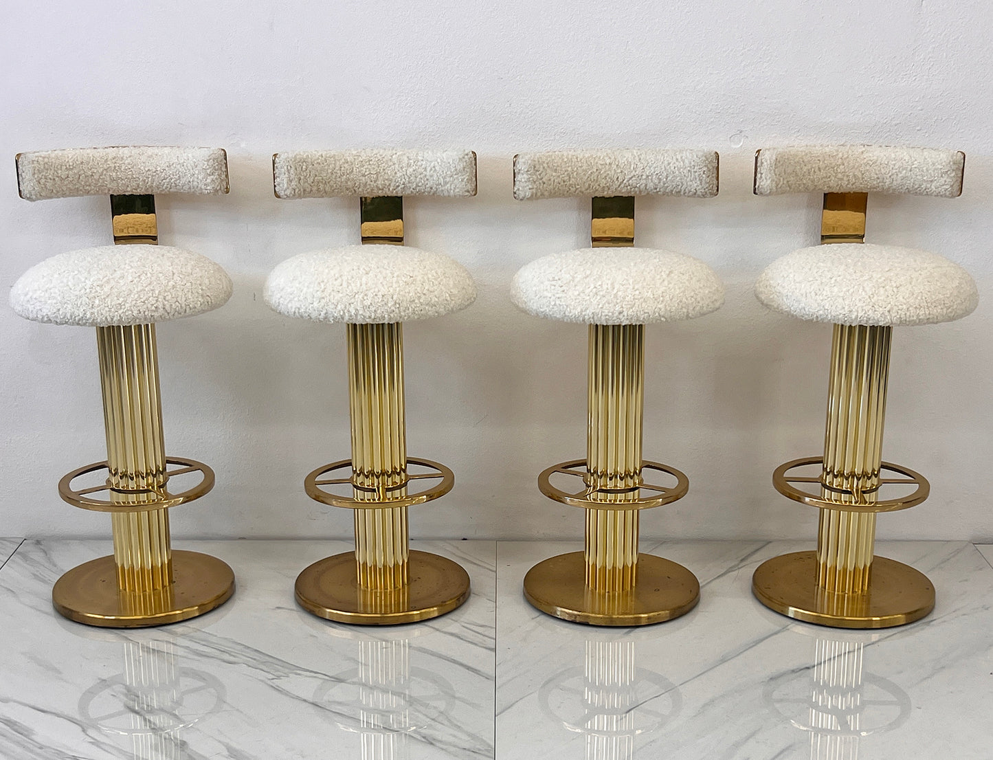 Designs For Leisure set of 4 Brass Barstools, Ivory Boucle, Signed, 1987