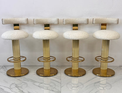 Designs For Leisure set of 4 Brass Barstools, Ivory Boucle, Signed, 1987