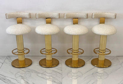 Designs For Leisure set of 4 Brass Barstools, Ivory Boucle, Signed, 1987