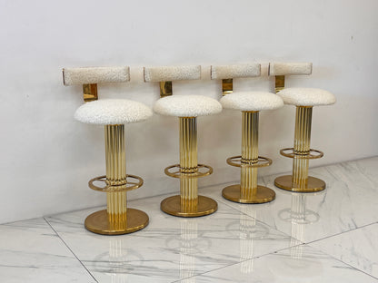 Designs For Leisure set of 4 Brass Barstools, Ivory Boucle, Signed, 1987