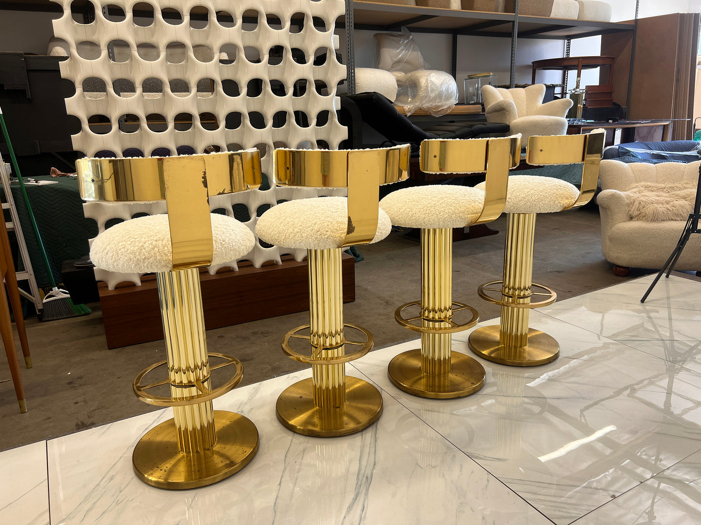 Designs For Leisure set of 4 Brass Barstools, Ivory Boucle, Signed, 1987