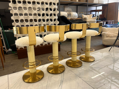 Designs For Leisure set of 4 Brass Barstools, Ivory Boucle, Signed, 1987