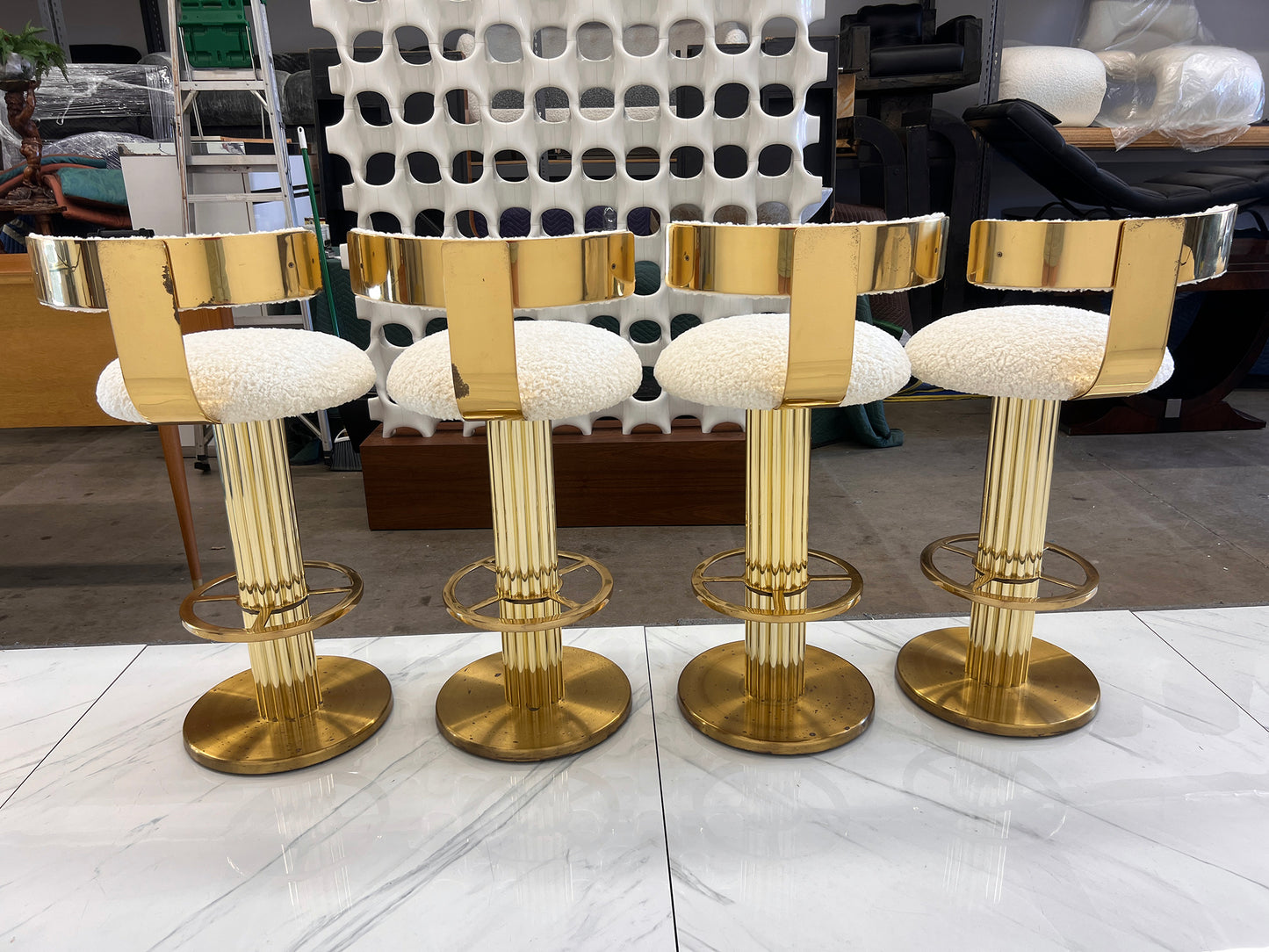 Designs For Leisure set of 4 Brass Barstools, Ivory Boucle, Signed, 1987
