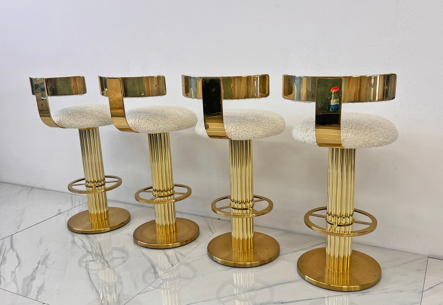 Designs For Leisure set of 4 Brass Barstools, Ivory Boucle, Signed, 1987