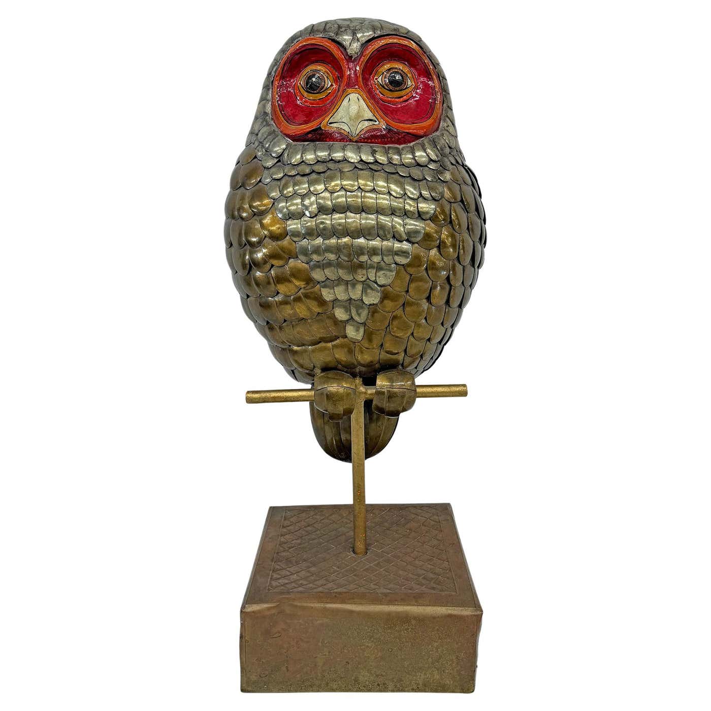 Brass and Hand Painted Paper Mache Owl Sculpture, Sergio Bustamante, 1970's