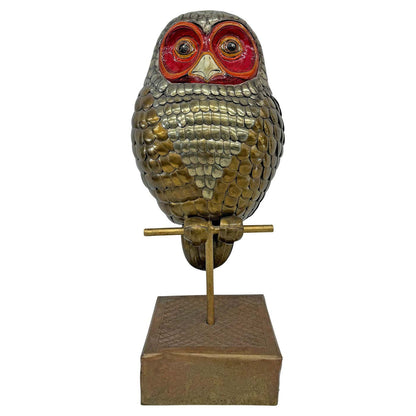 Brass and Hand Painted Paper Mache Owl Sculpture, Sergio Bustamante, 1970's