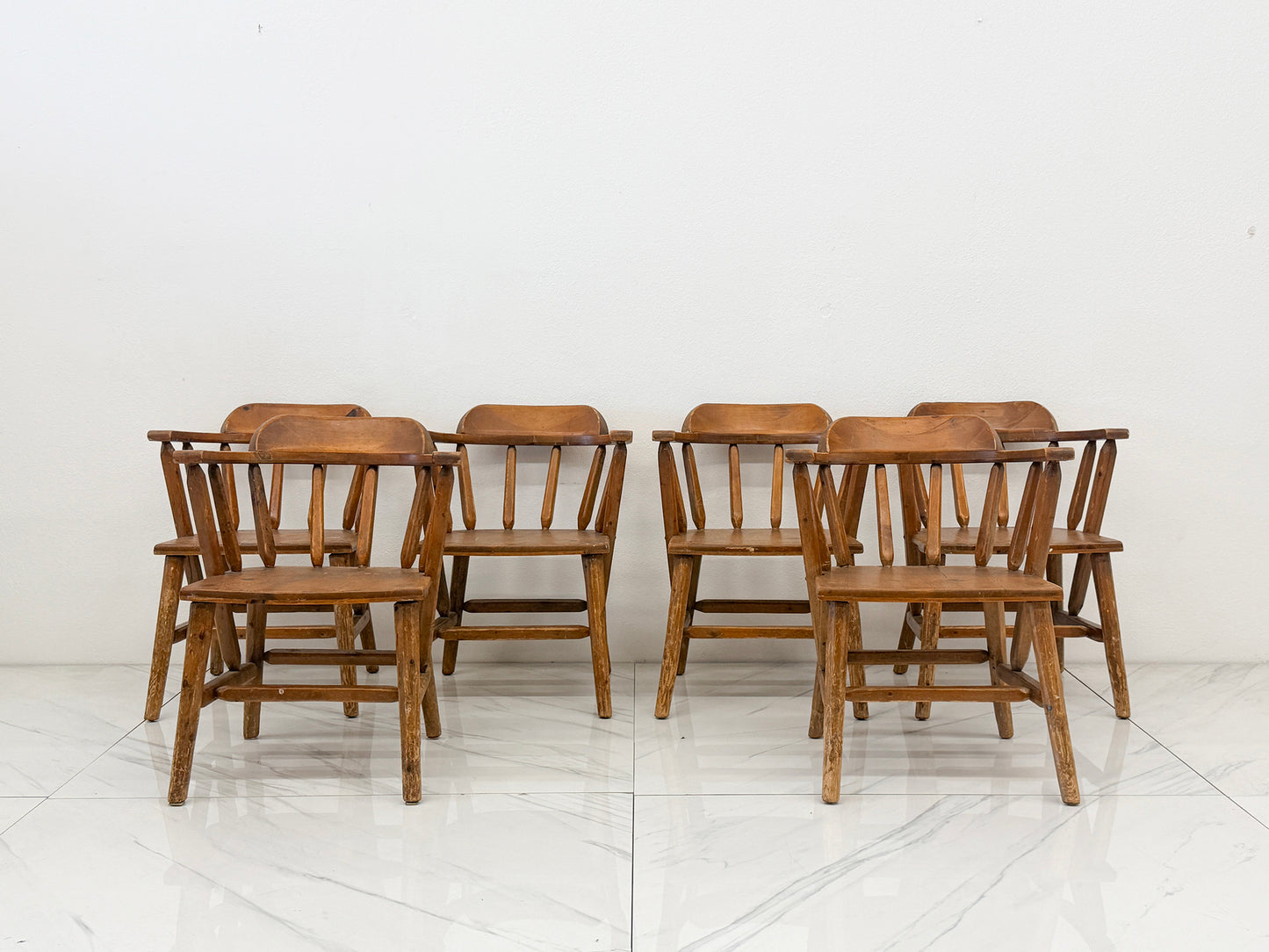 1940s Habitant, Bay City MI, Knotty Pine Captain’s Chairs, Set of 6