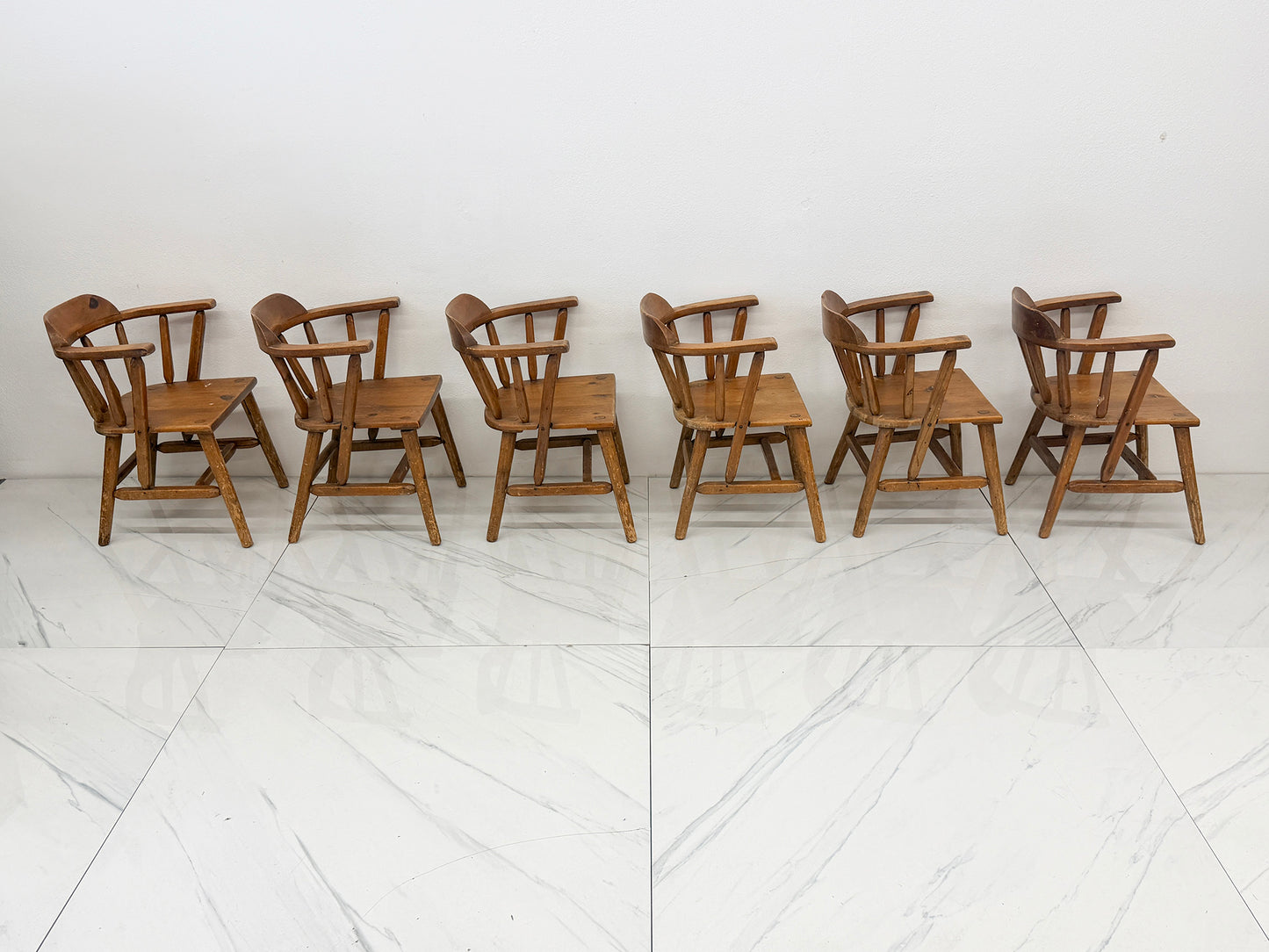 1940s Habitant, Bay City MI, Knotty Pine Captain’s Chairs, Set of 6