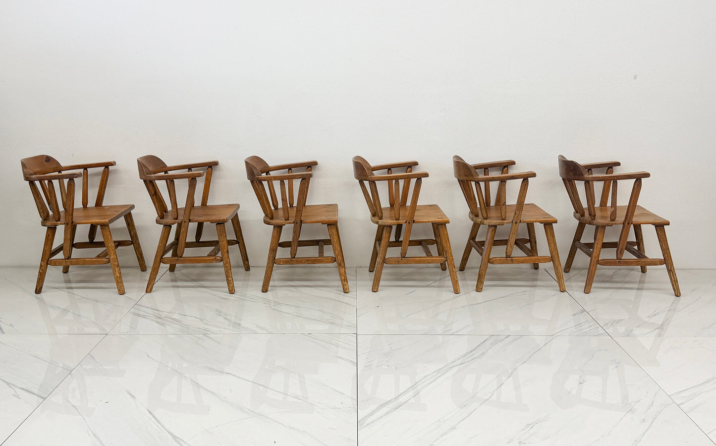 1940s Habitant, Bay City MI, Knotty Pine Captain’s Chairs, Set of 6