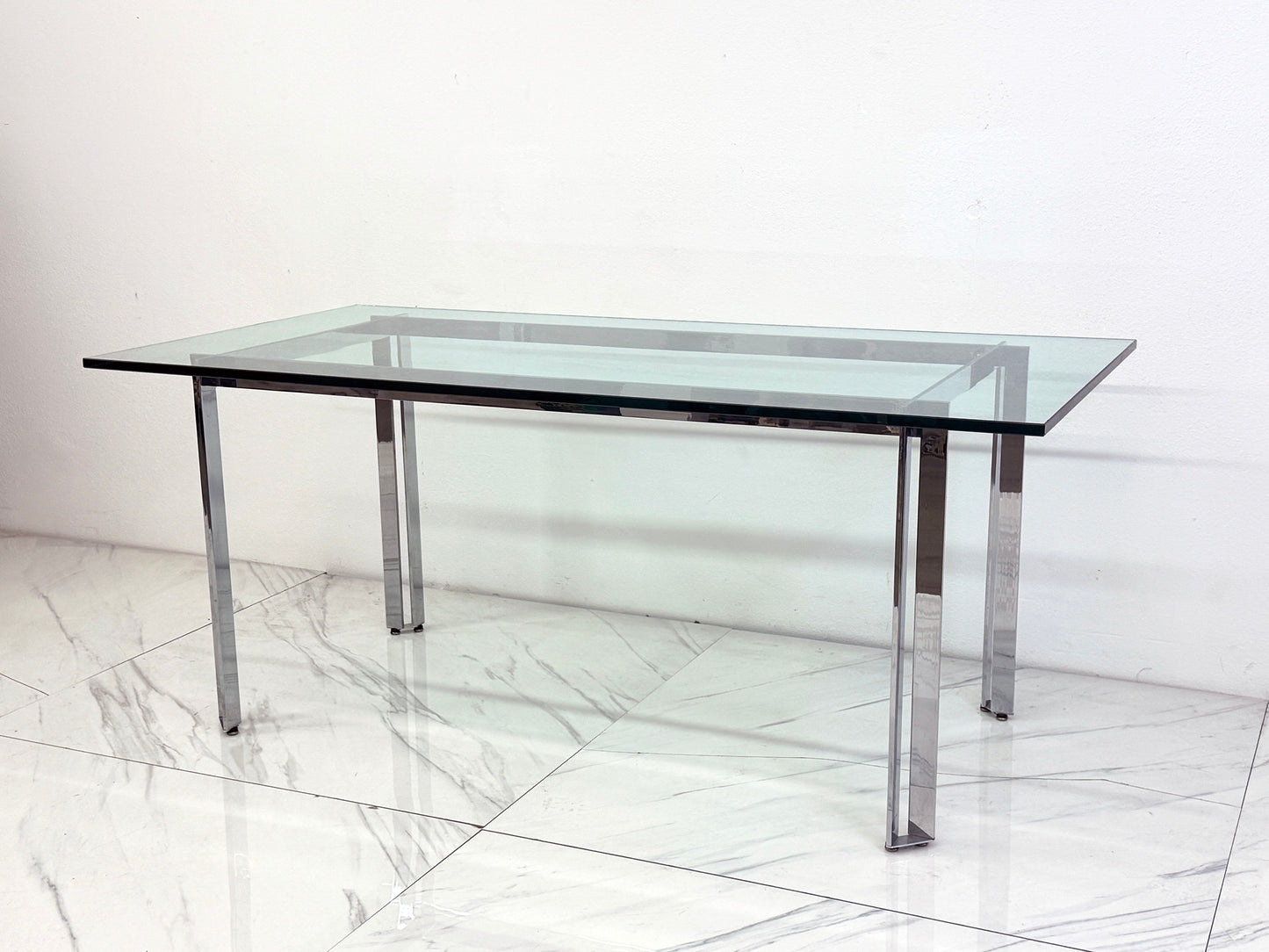Mid Century Modern Polished Stainless Steel and Glass Dining Table