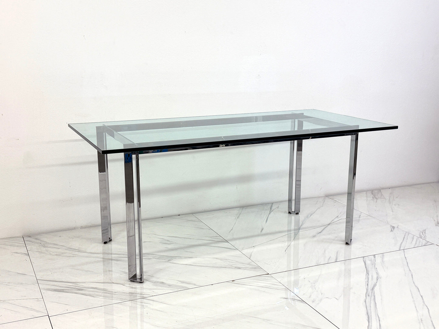 Mid Century Modern Polished Stainless Steel and Glass Dining Table